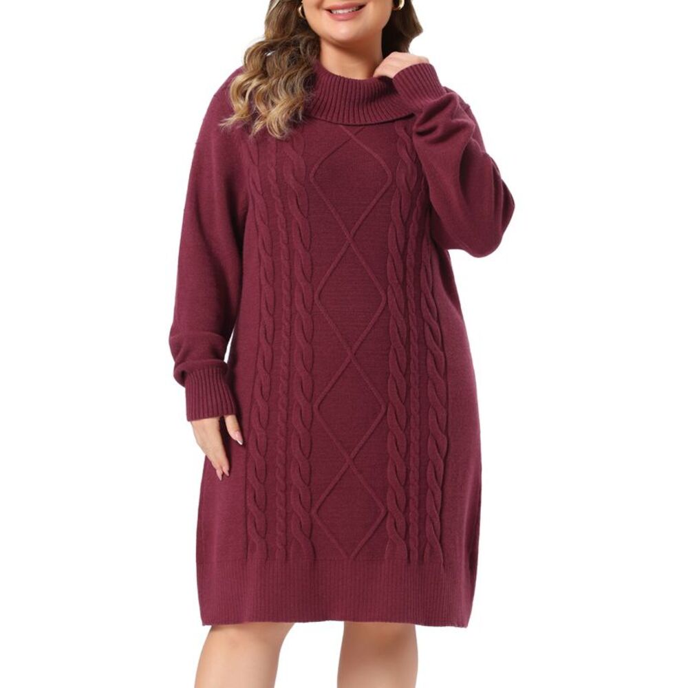 Women Plus Size Turtleneck Cable Knit Winter Sweater Dresses Burgundy